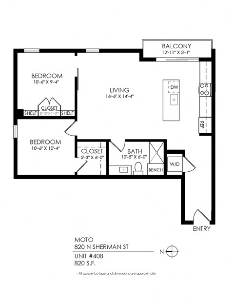 Floor plan for 2 beds, 1 bath, 820 sqft